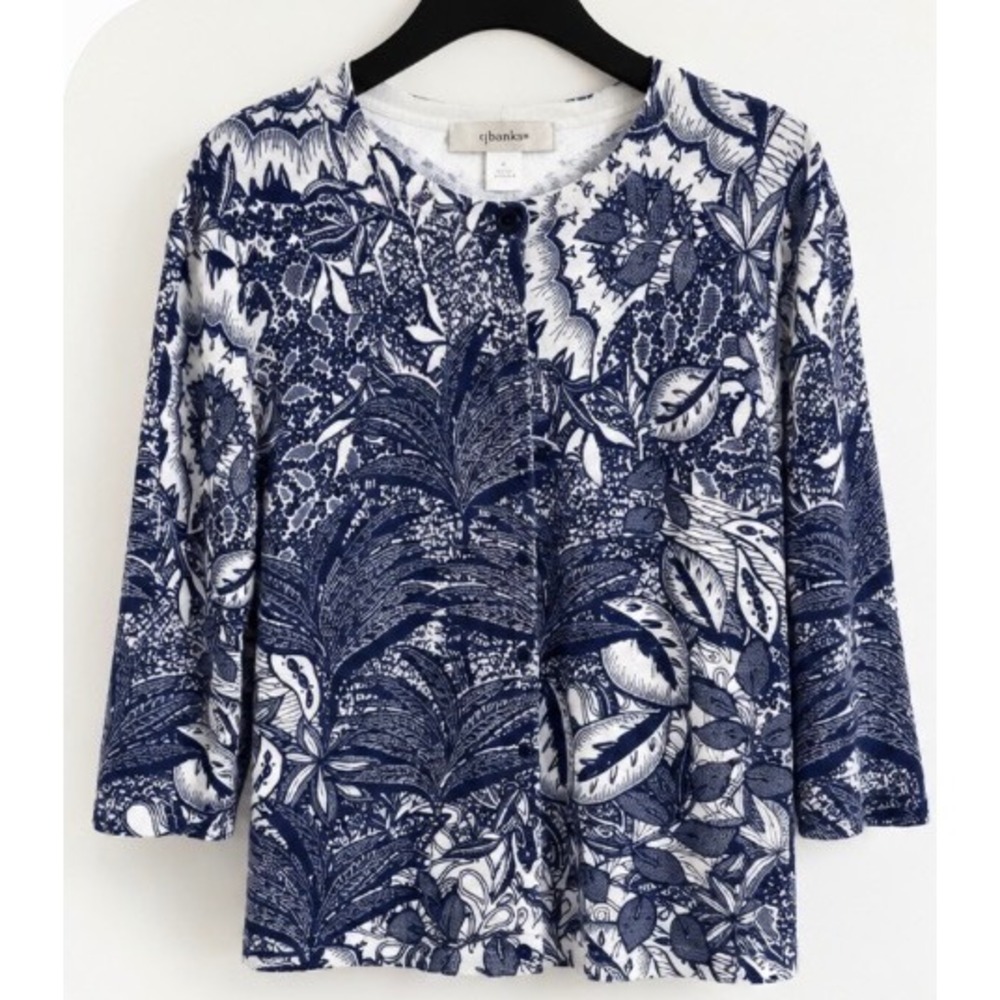 CJ Banks Womens X Blue White Tropical Floral Cotton Button Front Cardigan